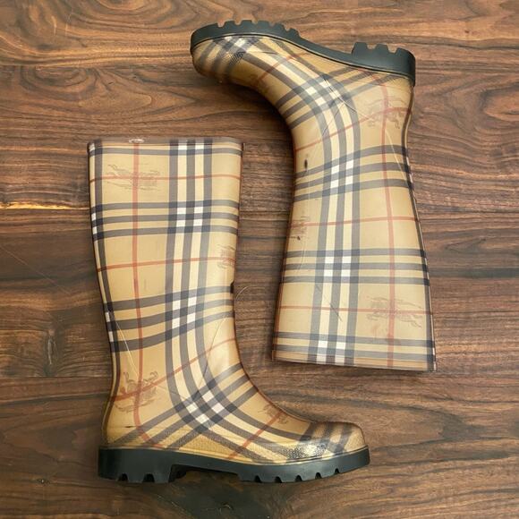 Burberry Haymarket Rubber Rain Winter Lug Sole Boots In Novacheck Size 8 - Picture 1 of 6